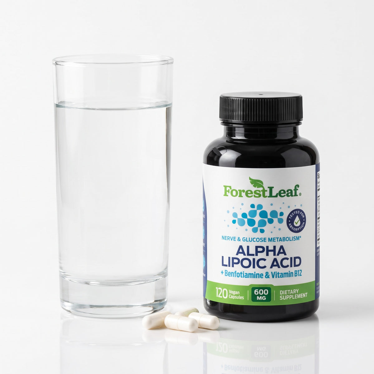 ForestLeaf Alpha Lipoic Acid with a glass of water