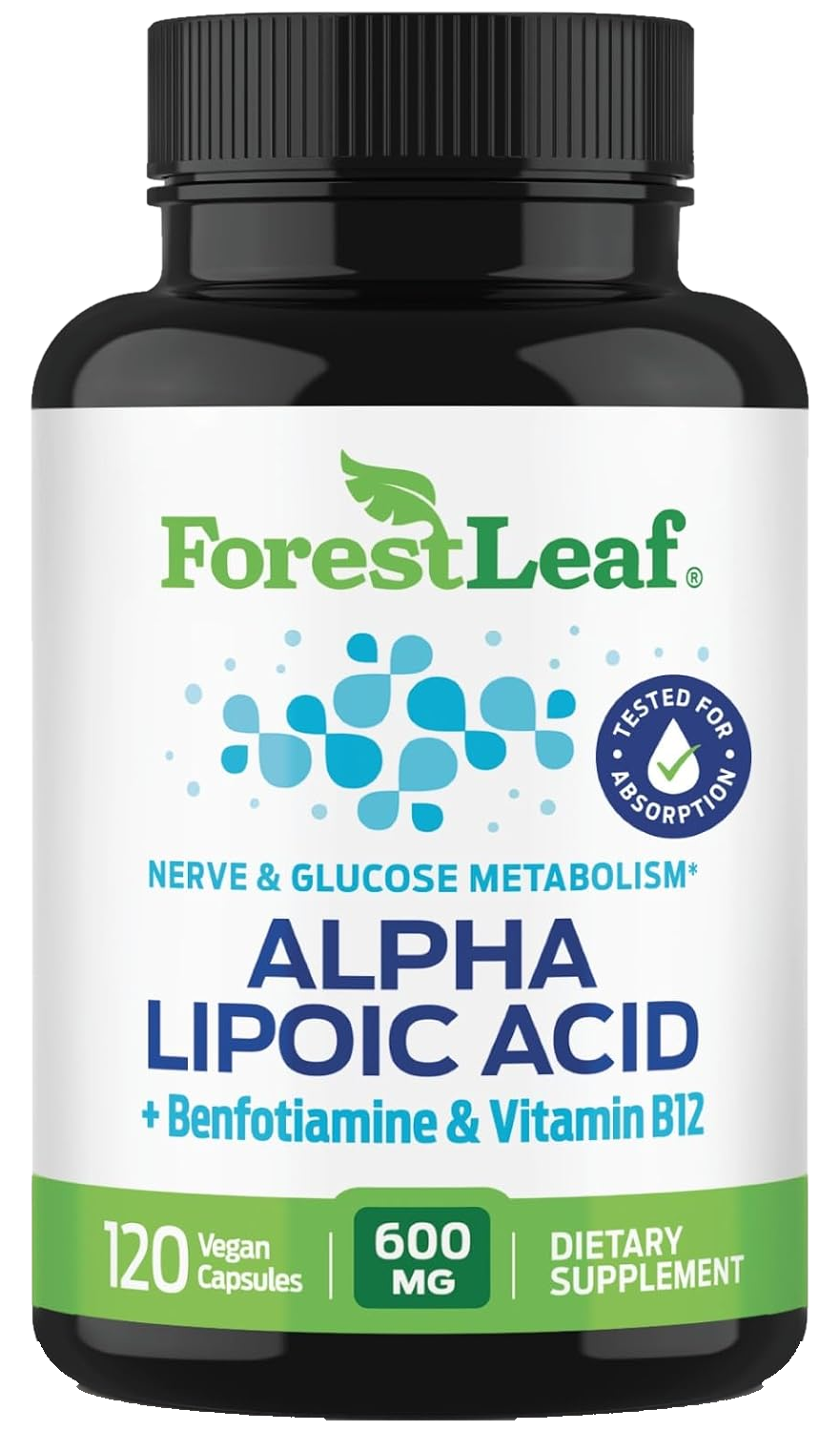 ForestLeaf Alpha Lipoic Acid 600mg with Benfotiamine & Vitamin B12, 120 vegan capsules