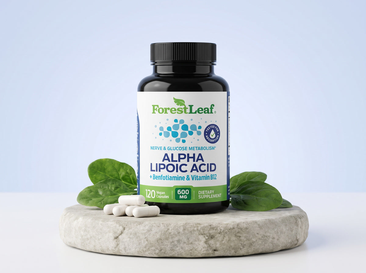 ForestLeaf Alpha Lipoic Acid bottle with capsules and spinach