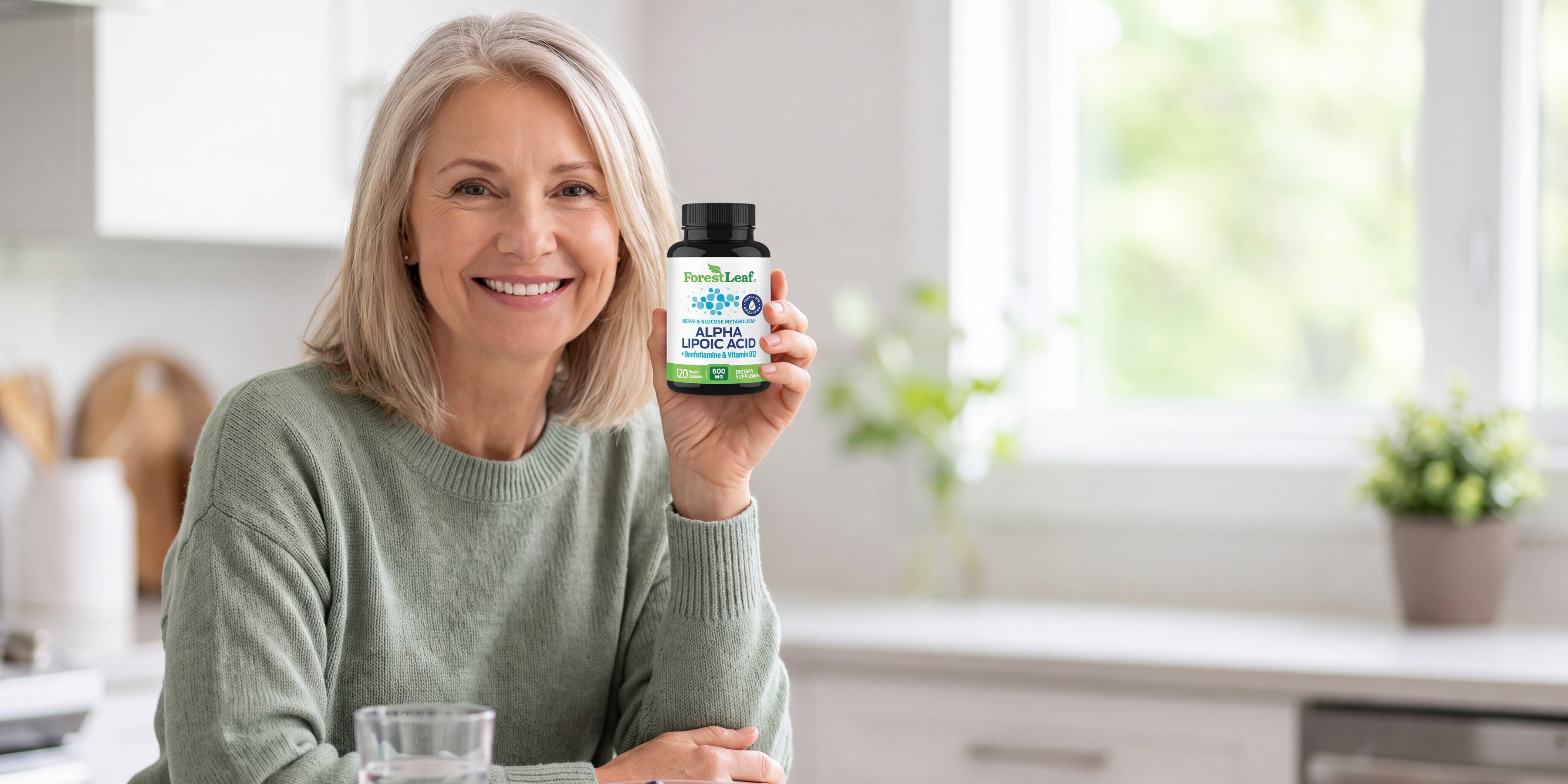 Woman holding ForestLeaf Alpha Lipoic Acid at breakfast