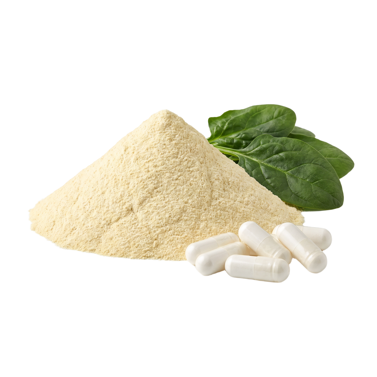 Alpha lipoic acid powder with vegan capsules and spinach